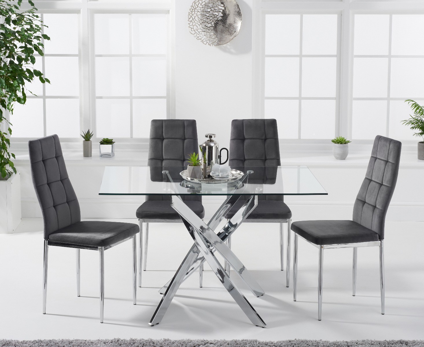 Product photograph of Denver 120cm Rectangular Glass Dining Table With 4 Grey Angelo Velvet Chairs from Oak Furniture Superstore