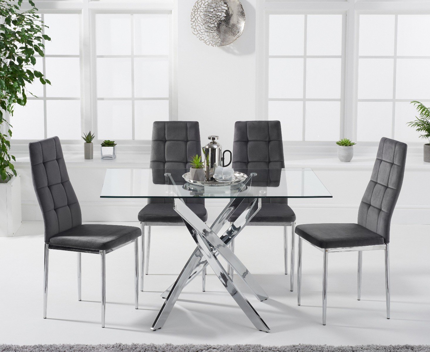 Denver 120cm Rectangular Glass Dining Table With 4 Grey Angelo Chairs