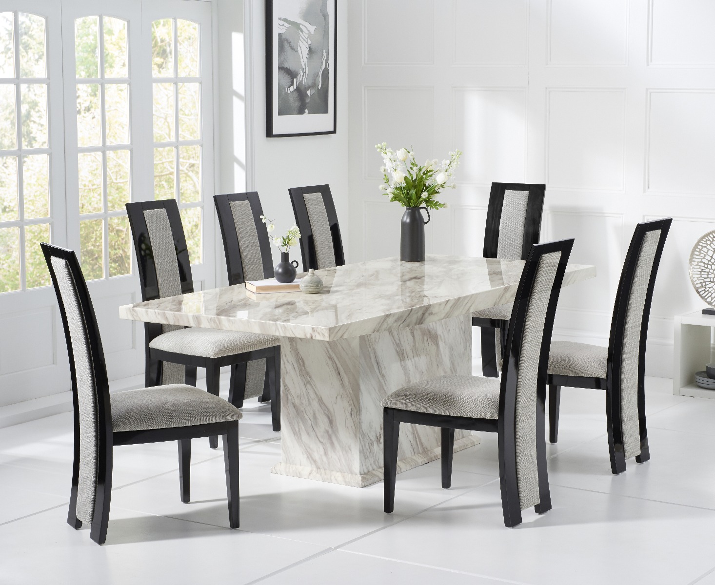 Product photograph of Marino 180cm Marble Dining Table With 6 Black Novara Chairs from Oak Furniture Superstore
