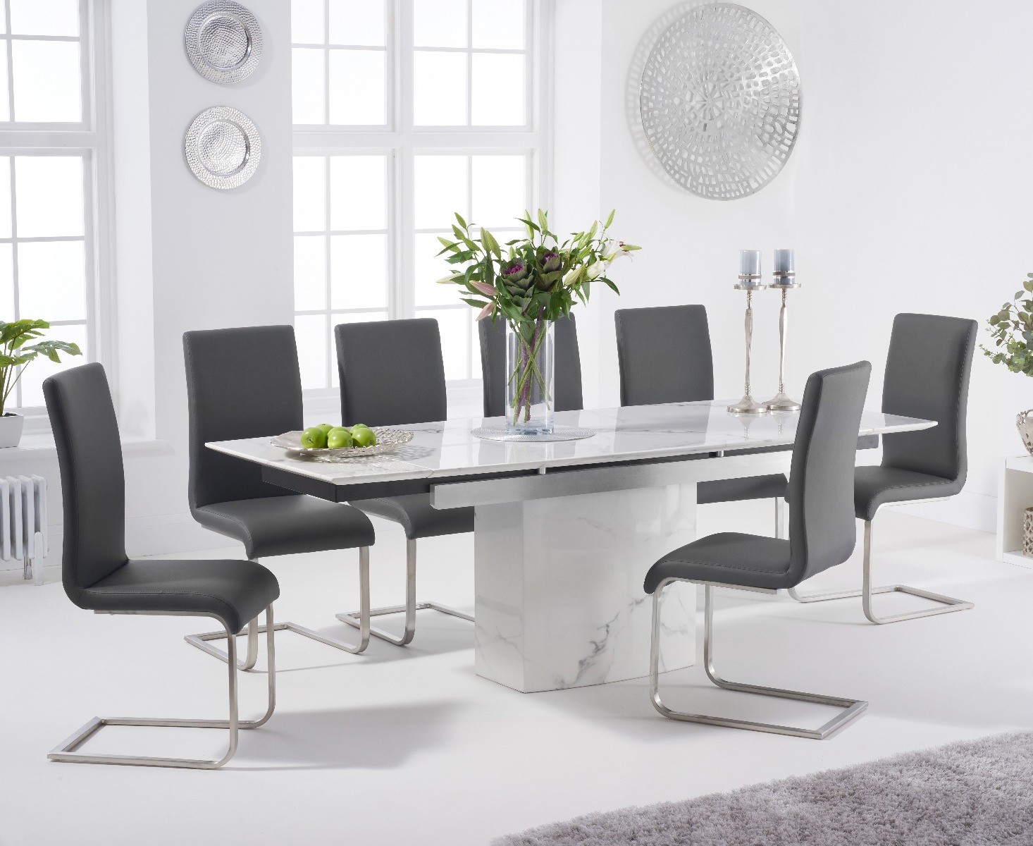 Product photograph of Savona 160cm Extending White Marble Dining Table With 4 Black Austin Faux Leather Chairs from Oak Furniture Superstore