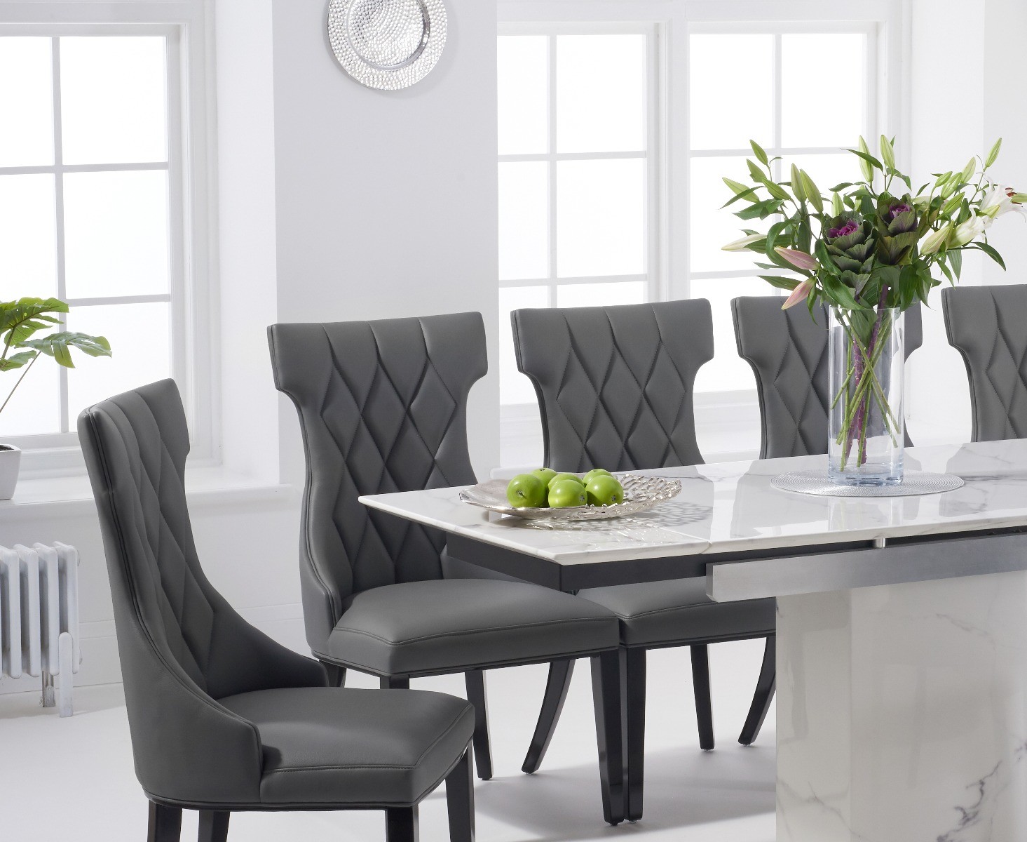Photo 1 of Metropolis 160cm extending white marble dining table with 8 grey sophia chairs