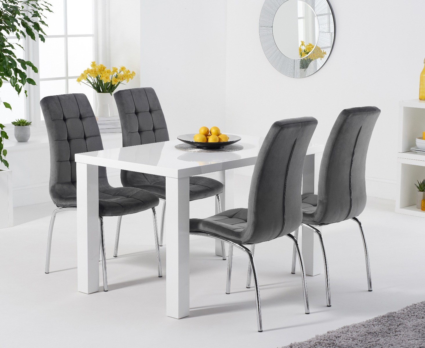 Product photograph of Seattle 120cm White High Gloss Table With 4 Grey Enzo Velvet Chairs from Oak Furniture Superstore