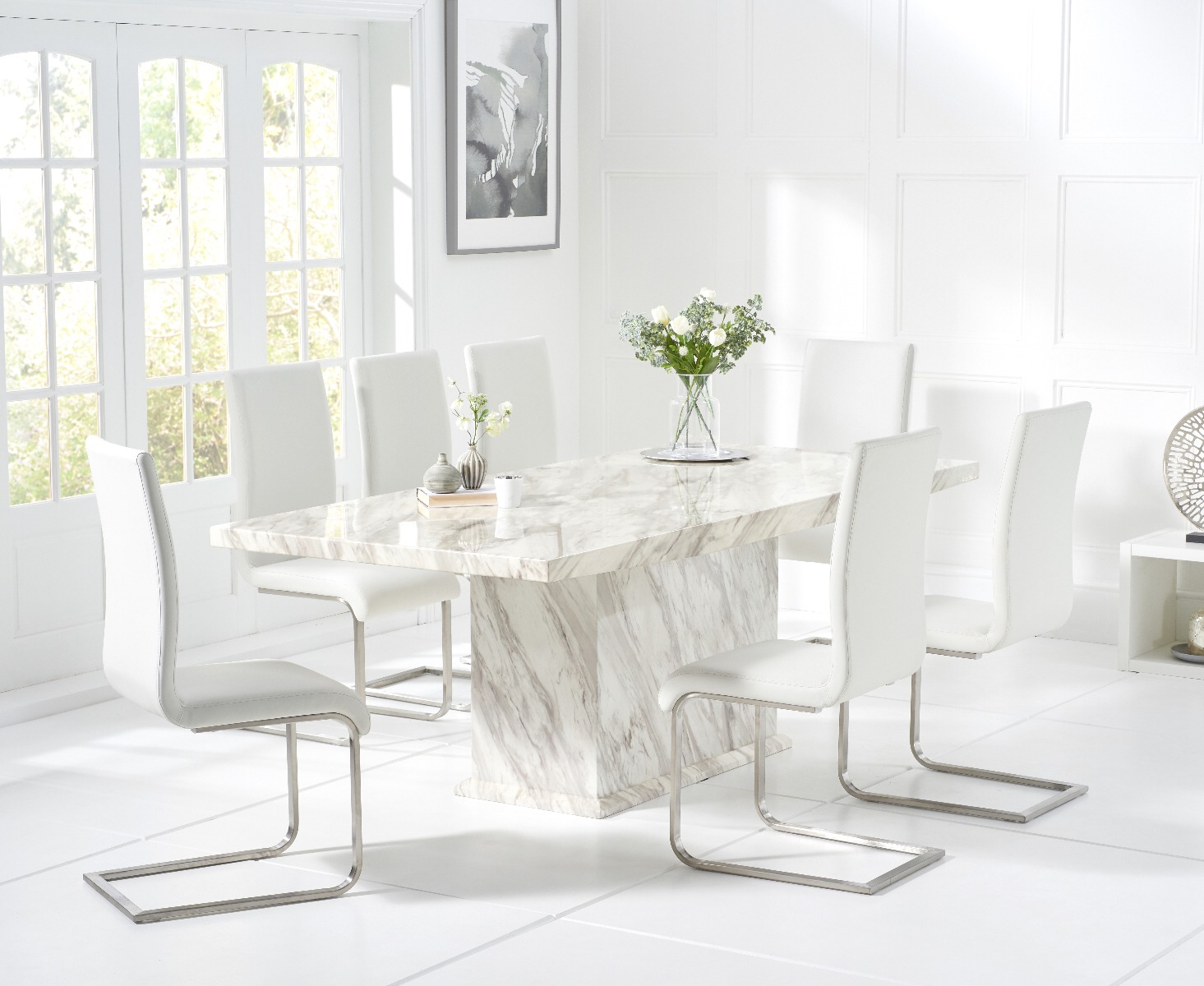 Product photograph of Marino 220cm Marble-effect Dining Table With 8 White Malaga Chairs from Oak Furniture Superstore