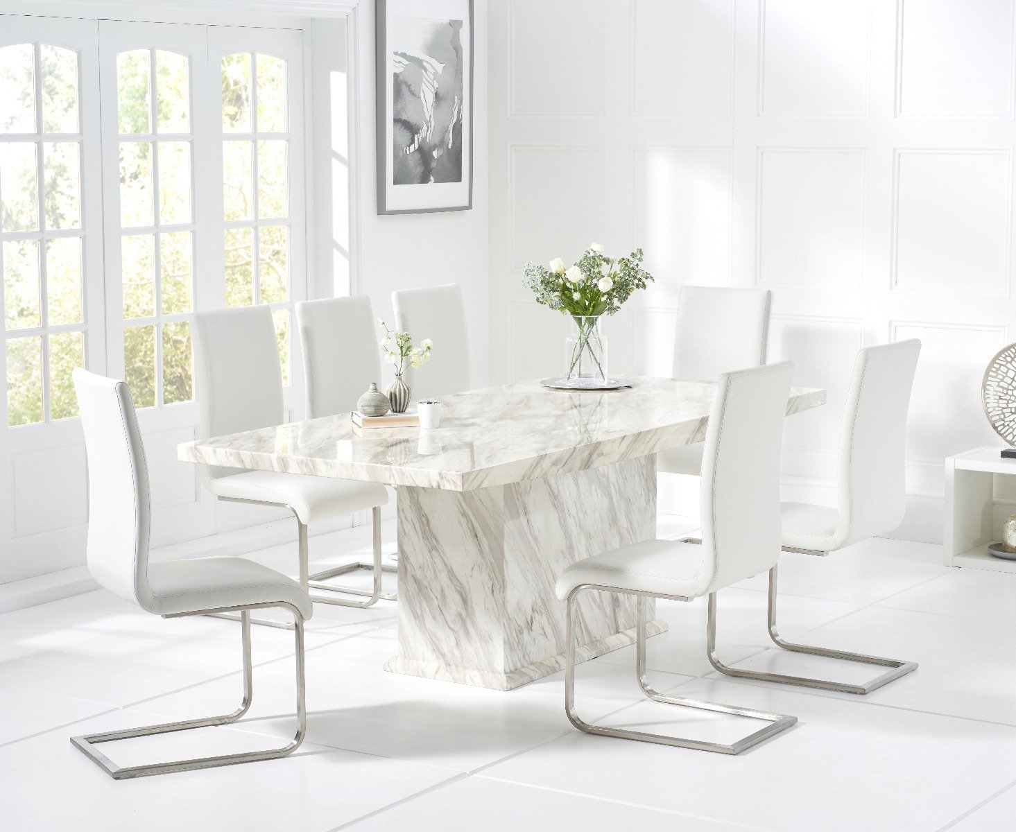 Marino 220cm Marbleeffect Dining Table With 8 White Malaga Chairs