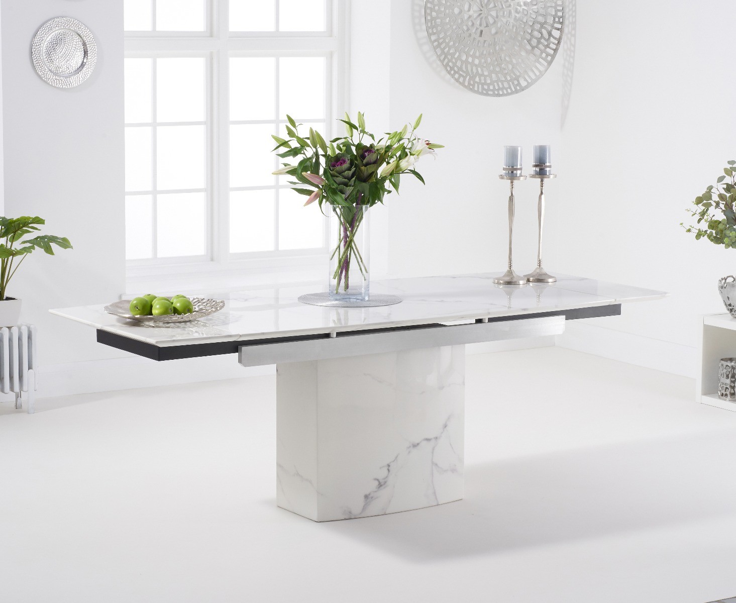 Photo 1 of Metropolis 160cm extending white marble dining table with 4 grey aldo faux leather chairs