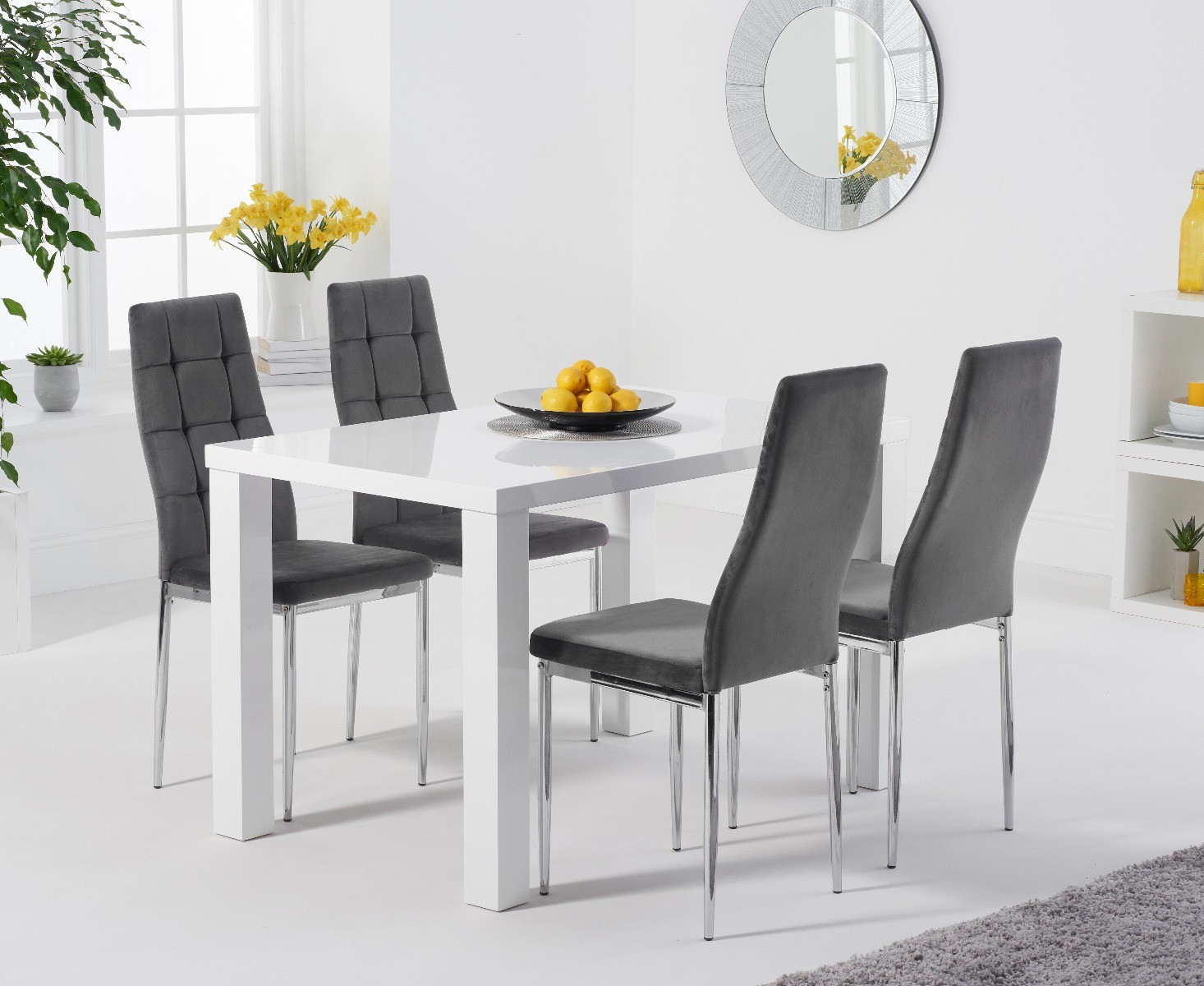 Product photograph of Seattle 120cm White High Gloss Table With 4 Grey Angelo Velvet Chairs from Oak Furniture Superstore