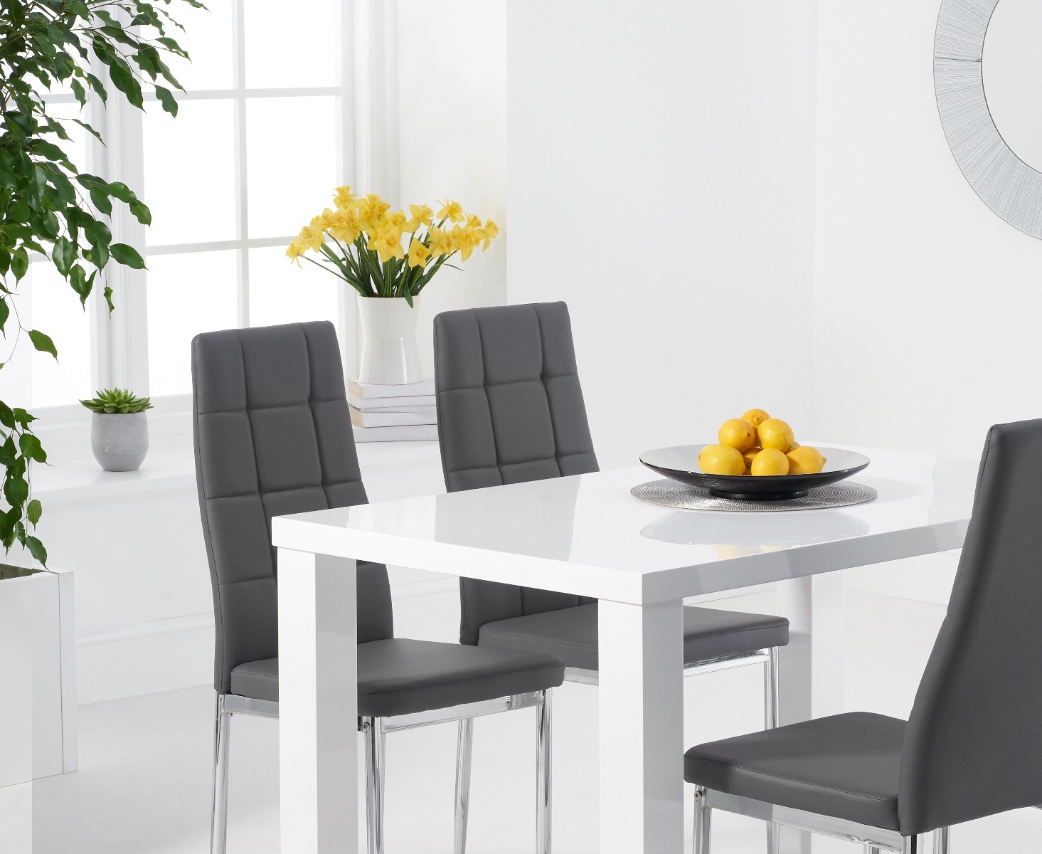 Photo 2 of Seattle 120cm white high gloss dining table with 6 grey angelo chairs