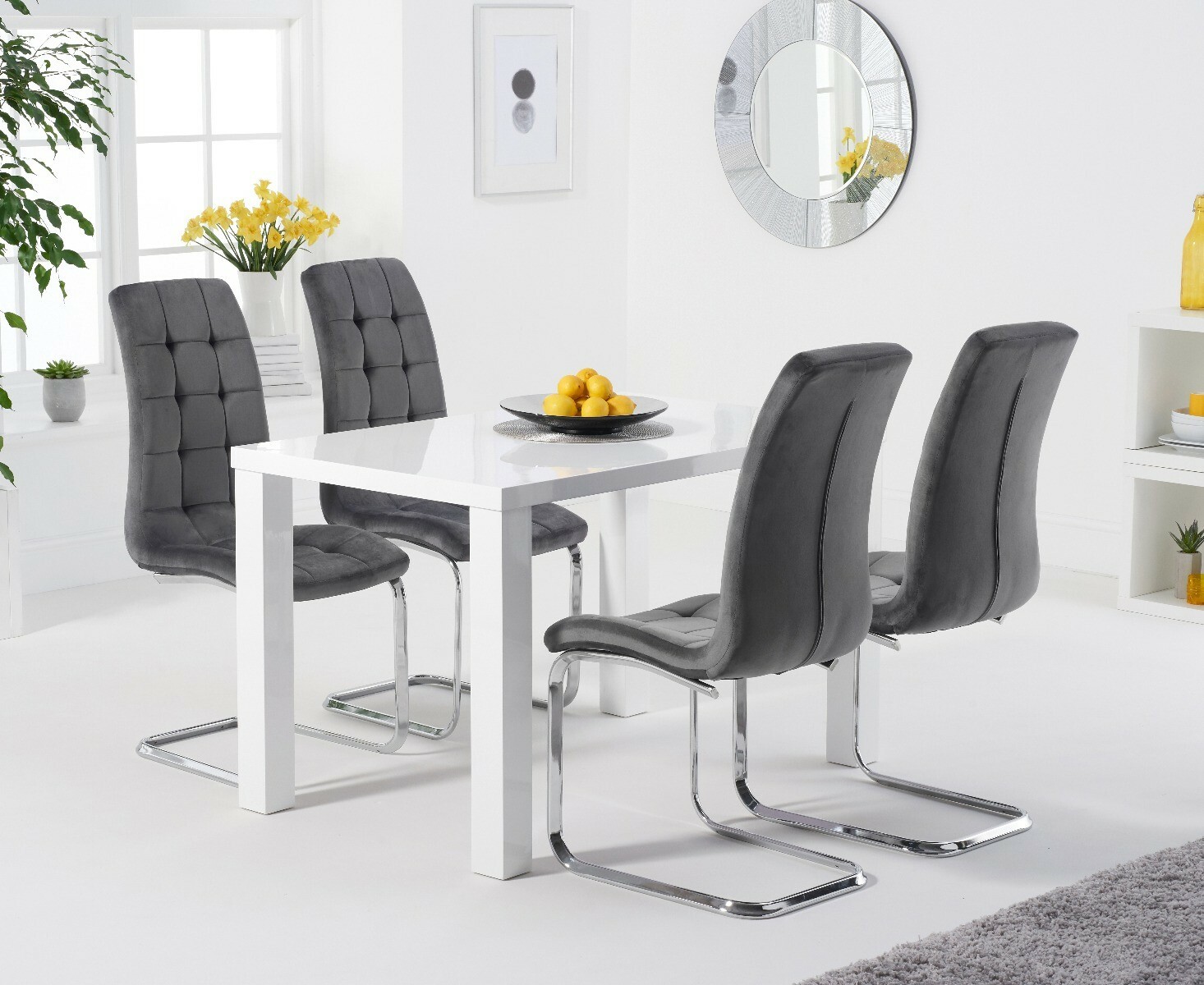 Product photograph of Seattle 120cm White High Gloss Dining Table With 6 Grey Vigo Velvet Chairs from Oak Furniture Superstore