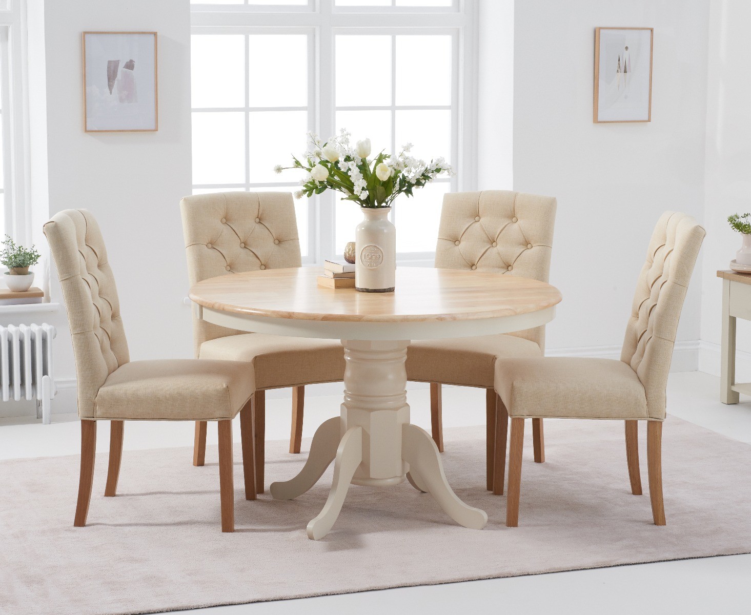 Epsom 120cm Oak And Cream Painted Dining Table With 4 Cream Isabella Fabric Chairs