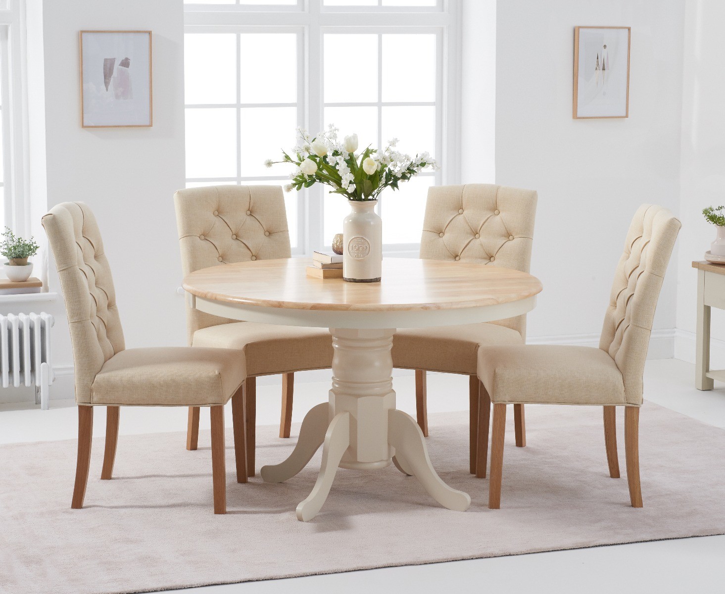 Epsom 120cm Oak And Cream Painted Dining Table With 4 Cream Isabella Fabric Chairs