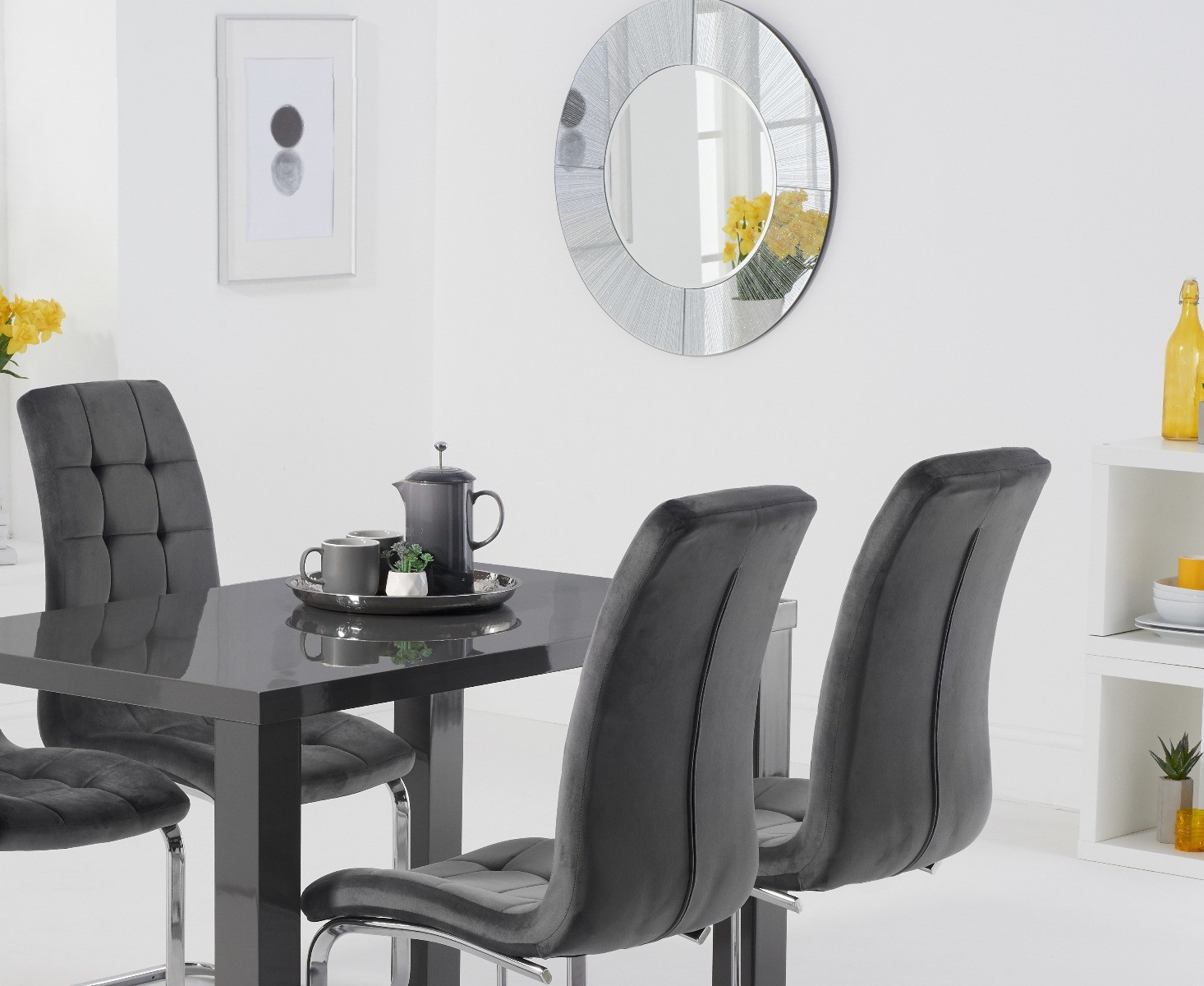 Photo 1 of Atlanta 120cm dark grey high gloss table with 4 grey vigo velvet chairs