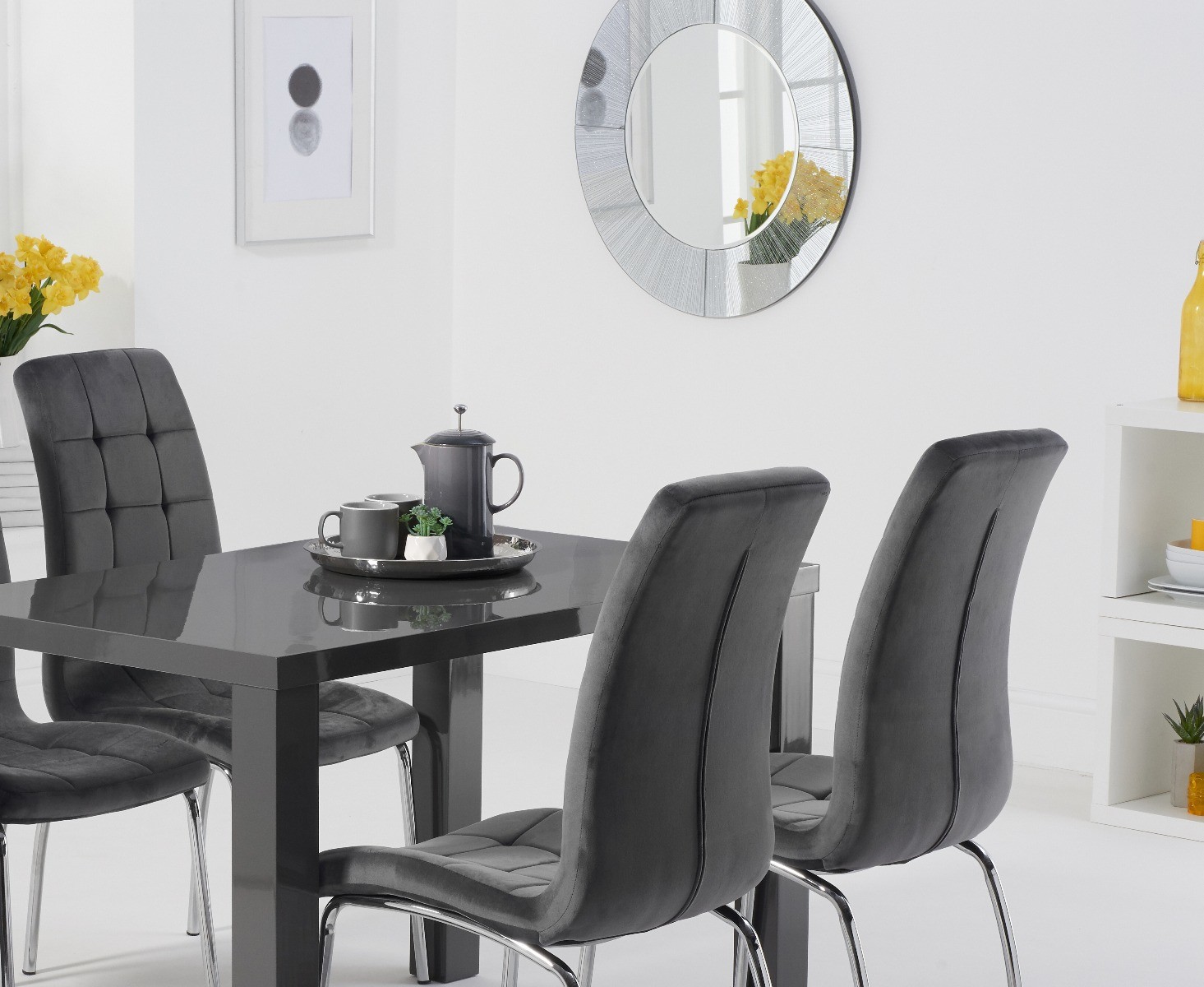 Photo 1 of Atlanta 120cm dark grey high gloss table with 6 grey enzo velvet chairs