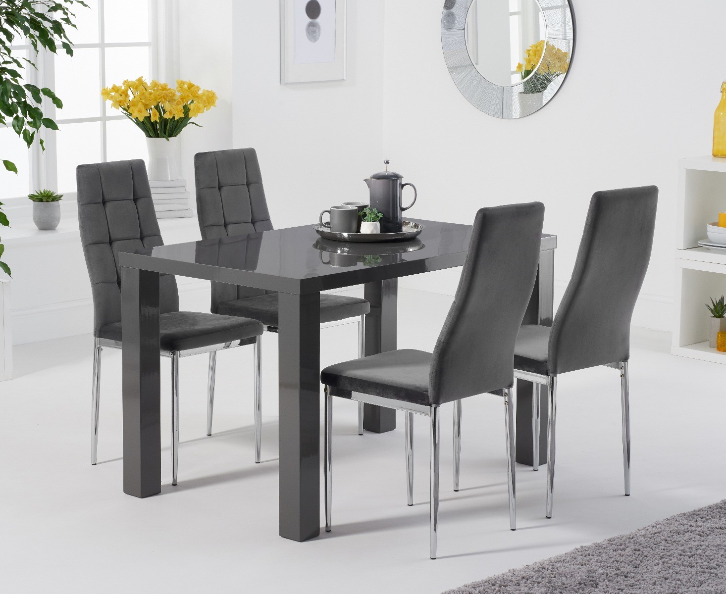 Product photograph of Atlanta 120cm Dark Grey High Gloss Table With 6 Grey Melissa Velvet Chairs from Oak Furniture Superstore