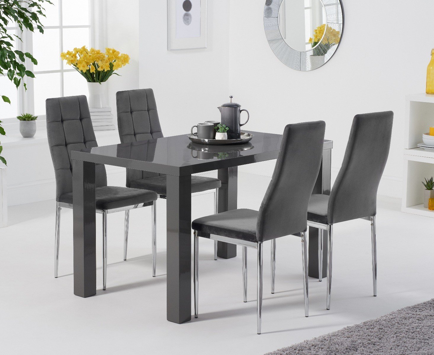 Product photograph of Seattle 120cm Dark Grey High Gloss Dining Table With 6 Grey Angelo Chairs from Oak Furniture Superstore