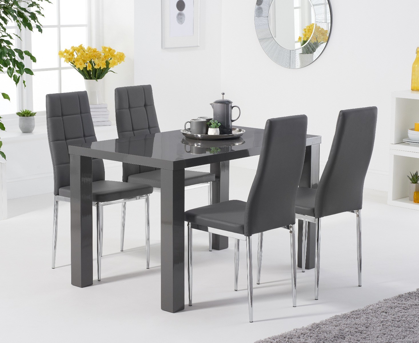 Atlanta 120cm Dark Grey High Gloss Dining Table With 4 Grey Angelo Chairs