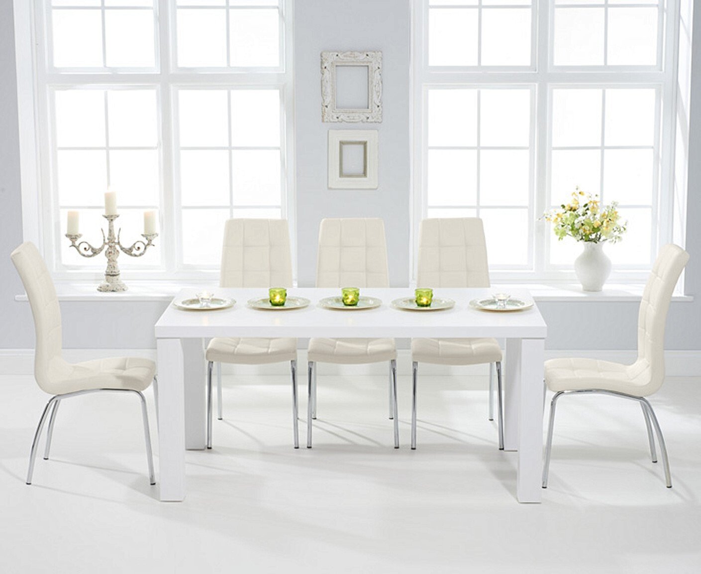 Seattle 160cm White High Gloss Dining Table With 8 Black Enzo Chairs