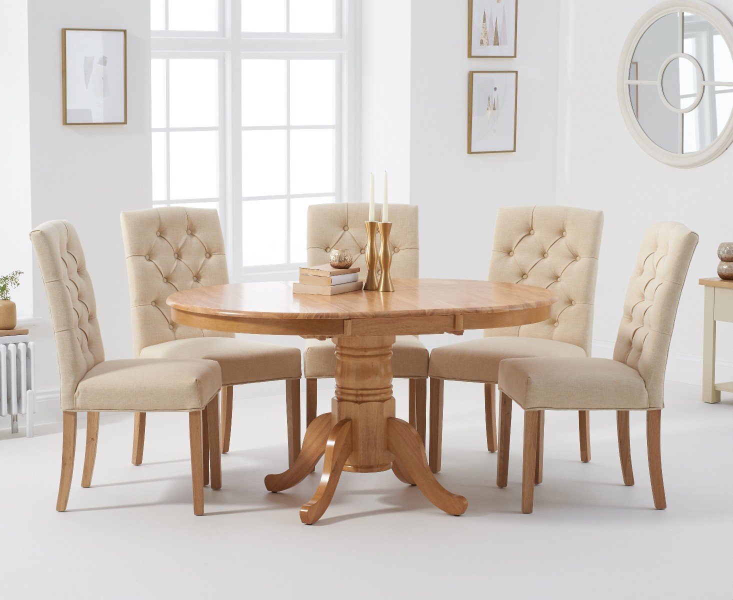 Epsom Pedestal Extending Dining Table With 6 Cream Isabella Fabric Chairs