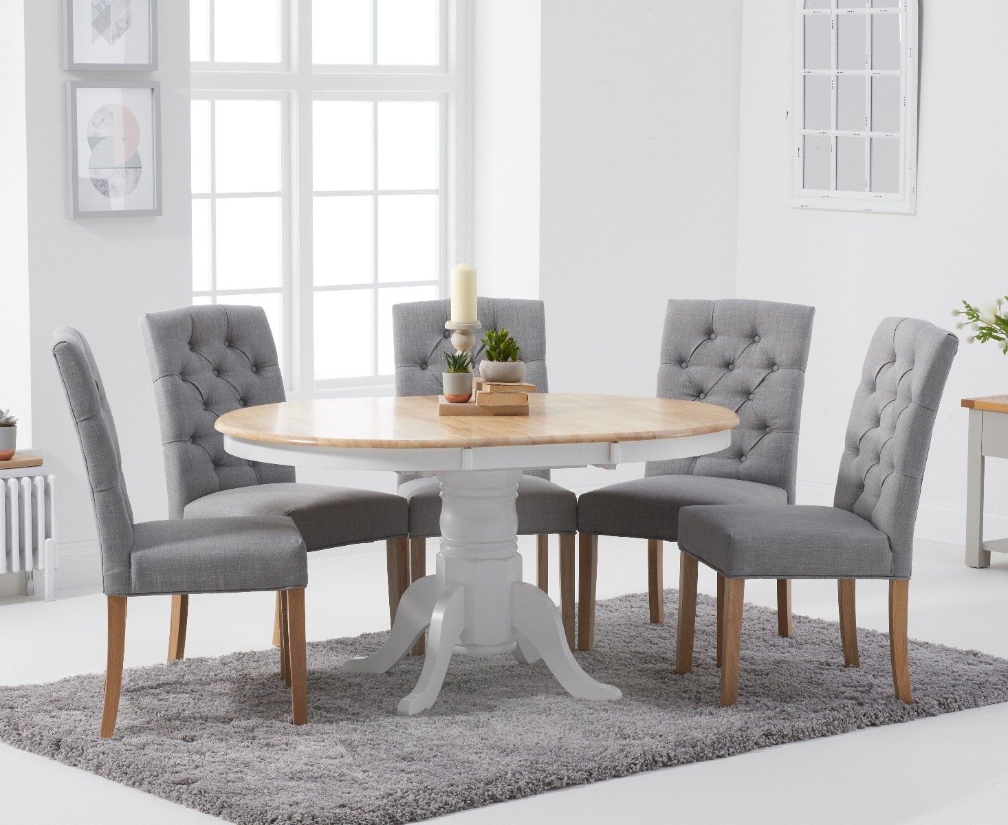 Epsom Oak And White Painted Pedestal Extending Table With 6 Grey Isabella Fabric Chairs