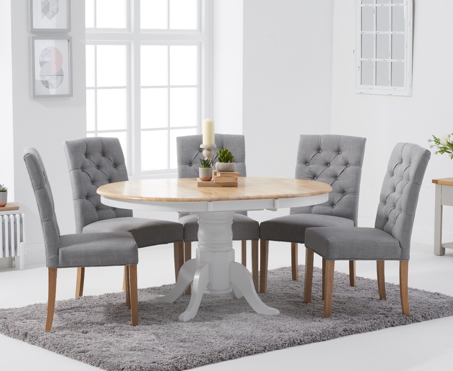 Photo 1 of Extending epsom white and oak painted dining table with 6 natural isabella chairs