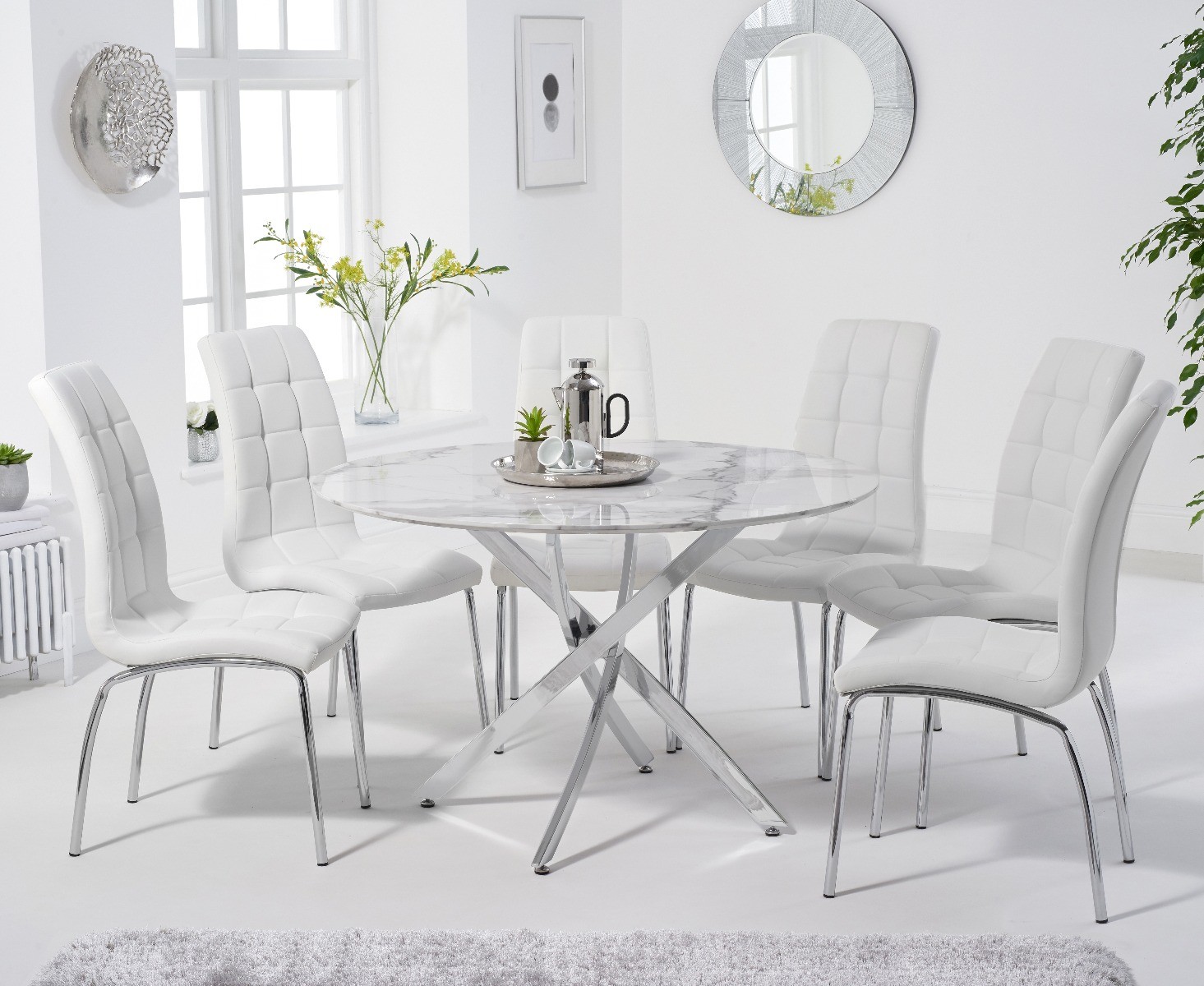 Photo 1 of Carter 120cm round white marble dining table with 6 white enzo chairs