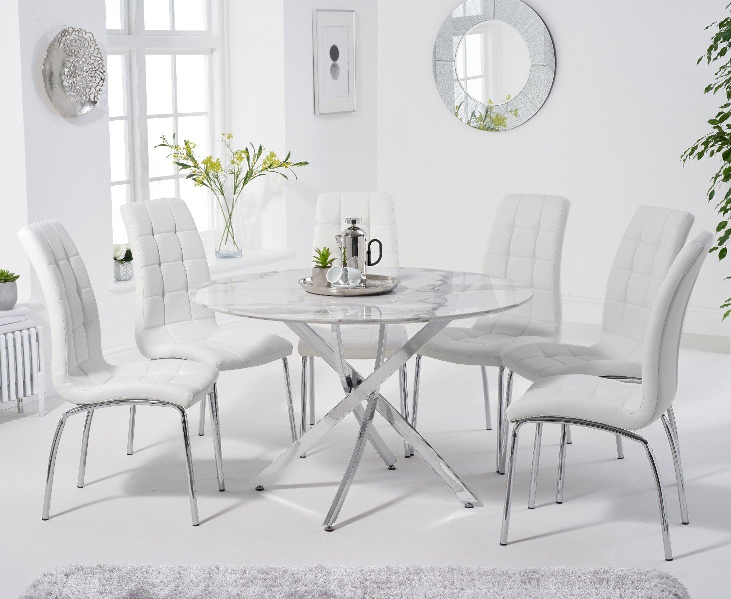 Carter 120cm Round White Marble Dining Table With 4 Cream Enzo Chairs