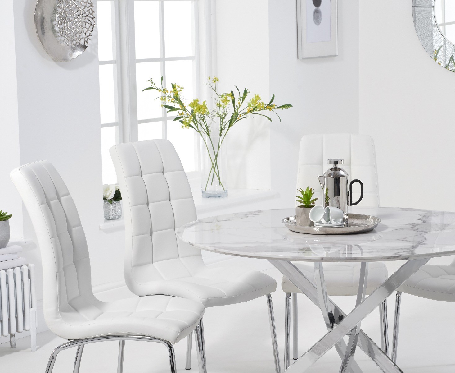 Photo 2 of Carter 120cm round white marble dining table with 6 white enzo chairs