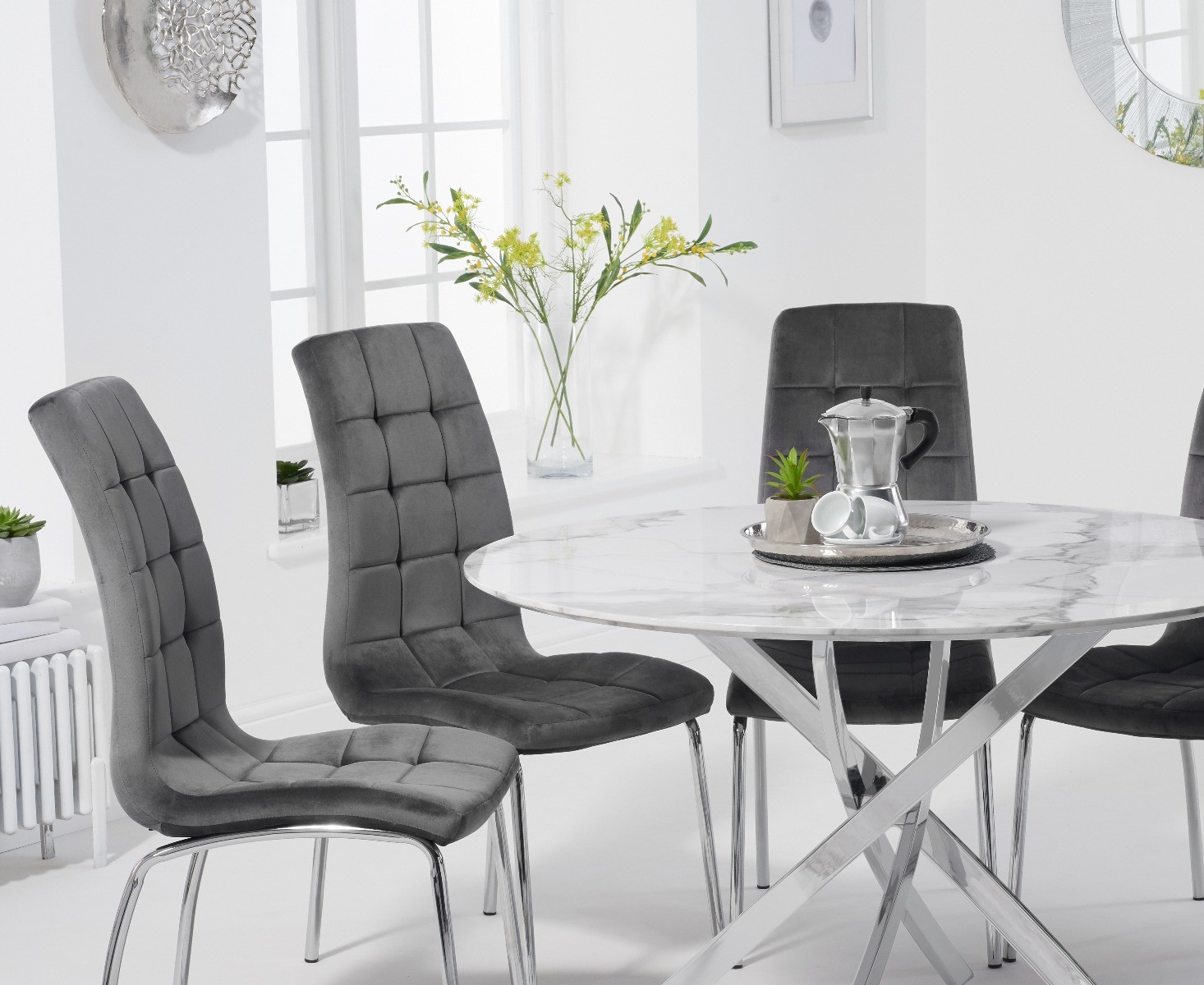 Photo 1 of Carter 120cm round white marble table with 6 grey enzo velvet chairs