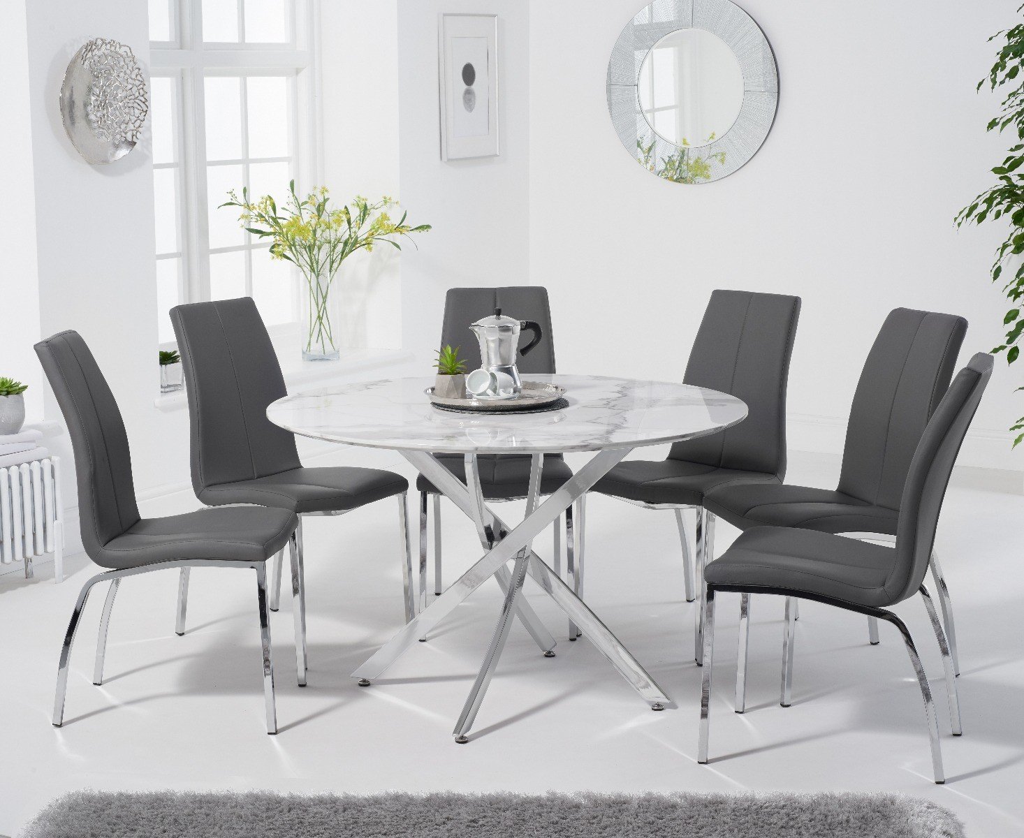 Carter 120cm Round White Marble Dining Table With 4 Grey Marco Chairs
