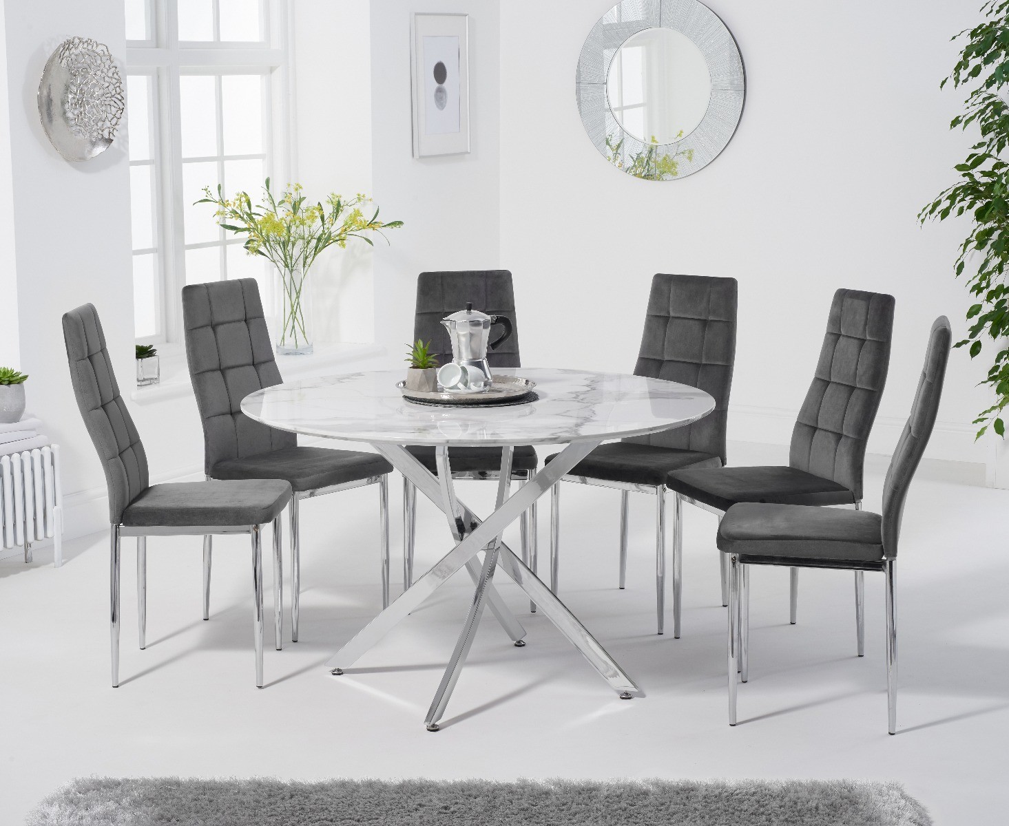 Product photograph of Comiso 120cm Round White Marble Dining Table With 4 Grey Angelo Chairs from Oak Furniture Superstore