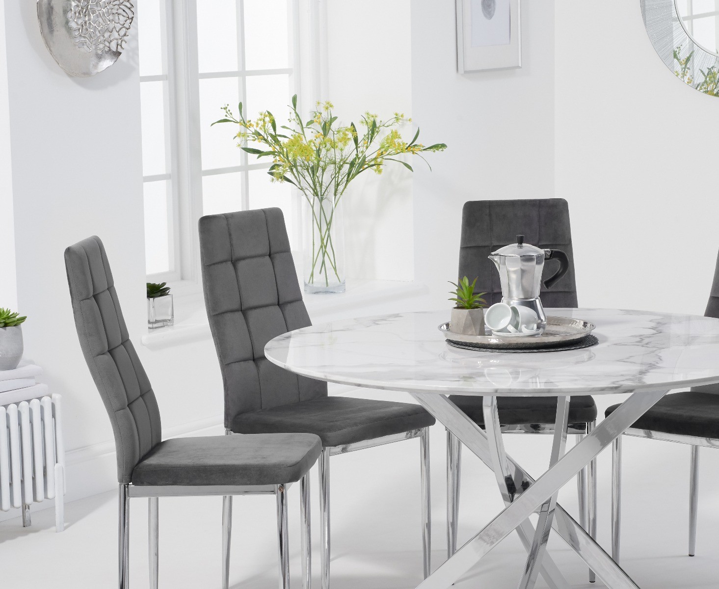 Photo 2 of Carter 120cm round white marble table with 6 grey angelo chairs