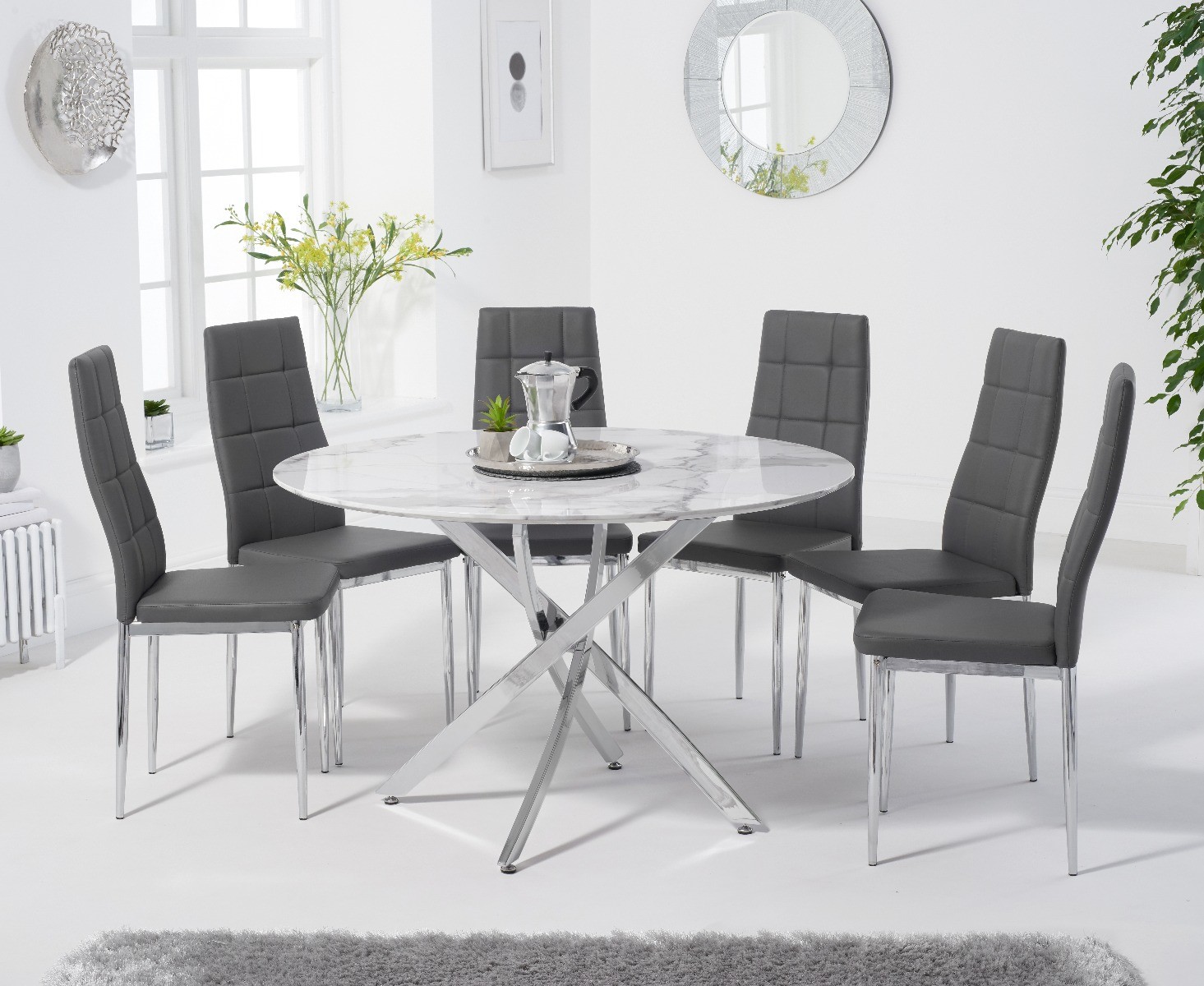 Product photograph of Carter 120cm Round White Marble Table With 4 Grey Angelo Faux Leather Chairs from Oak Furniture Superstore