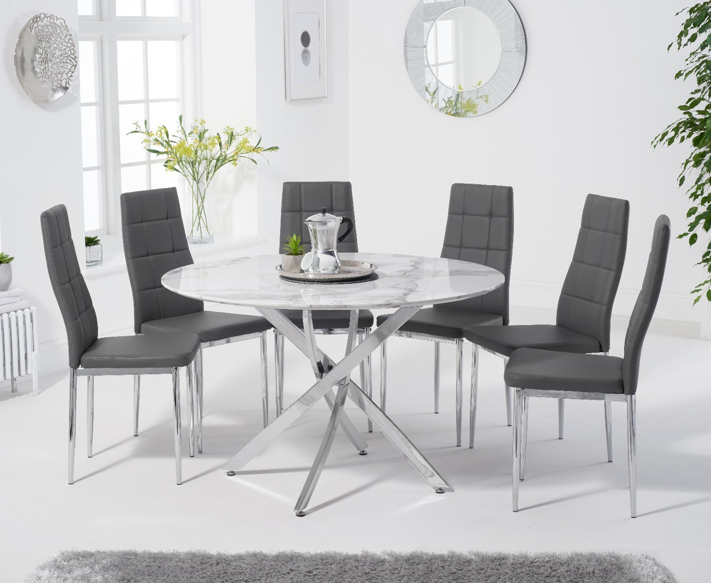 Carter 120cm Round White Marble Dining Table With 6 Grey Angelo Chairs