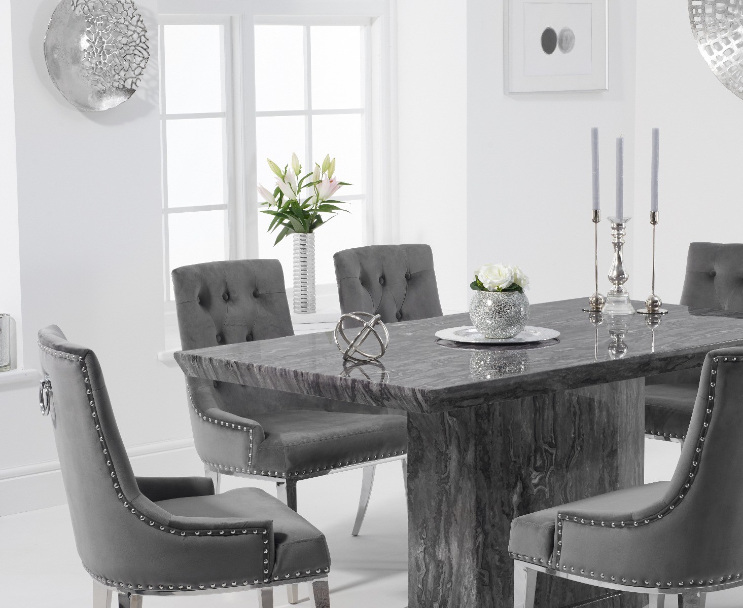 Photo 1 of Carvelle 160cm grey marble table with 4 grey sienna velvet chairs