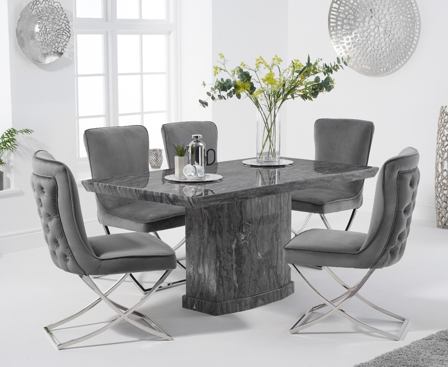 Product photograph of Carvelle 160cm Grey Marble Table With 6 Grey Lorenzo Velvet Chairs from Oak Furniture Superstore