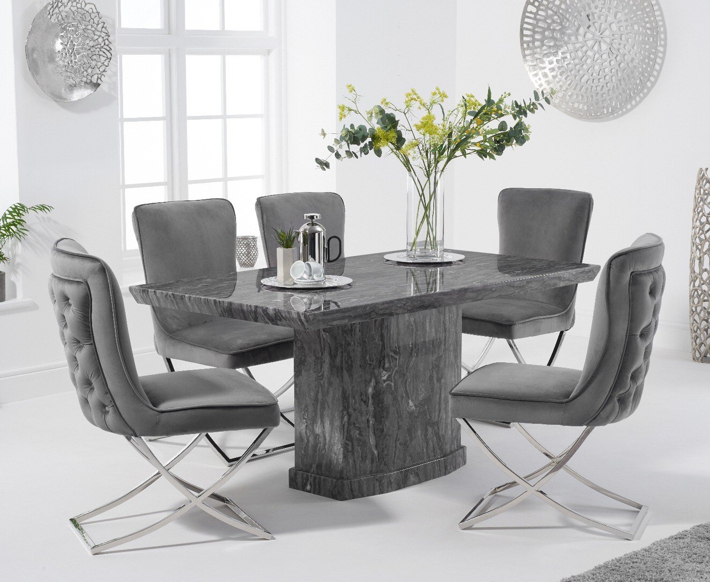 Product photograph of Carvelle 160cm Grey Marble Table With 6 Grey Lorenzo Velvet Chairs from Oak Furniture Superstore