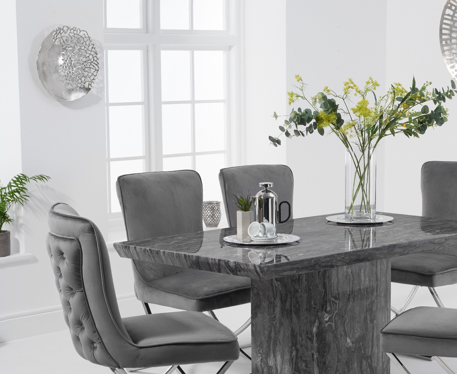Photo 1 of Carvelle 160cm grey marble table with 6 grey lorenzo velvet chairs