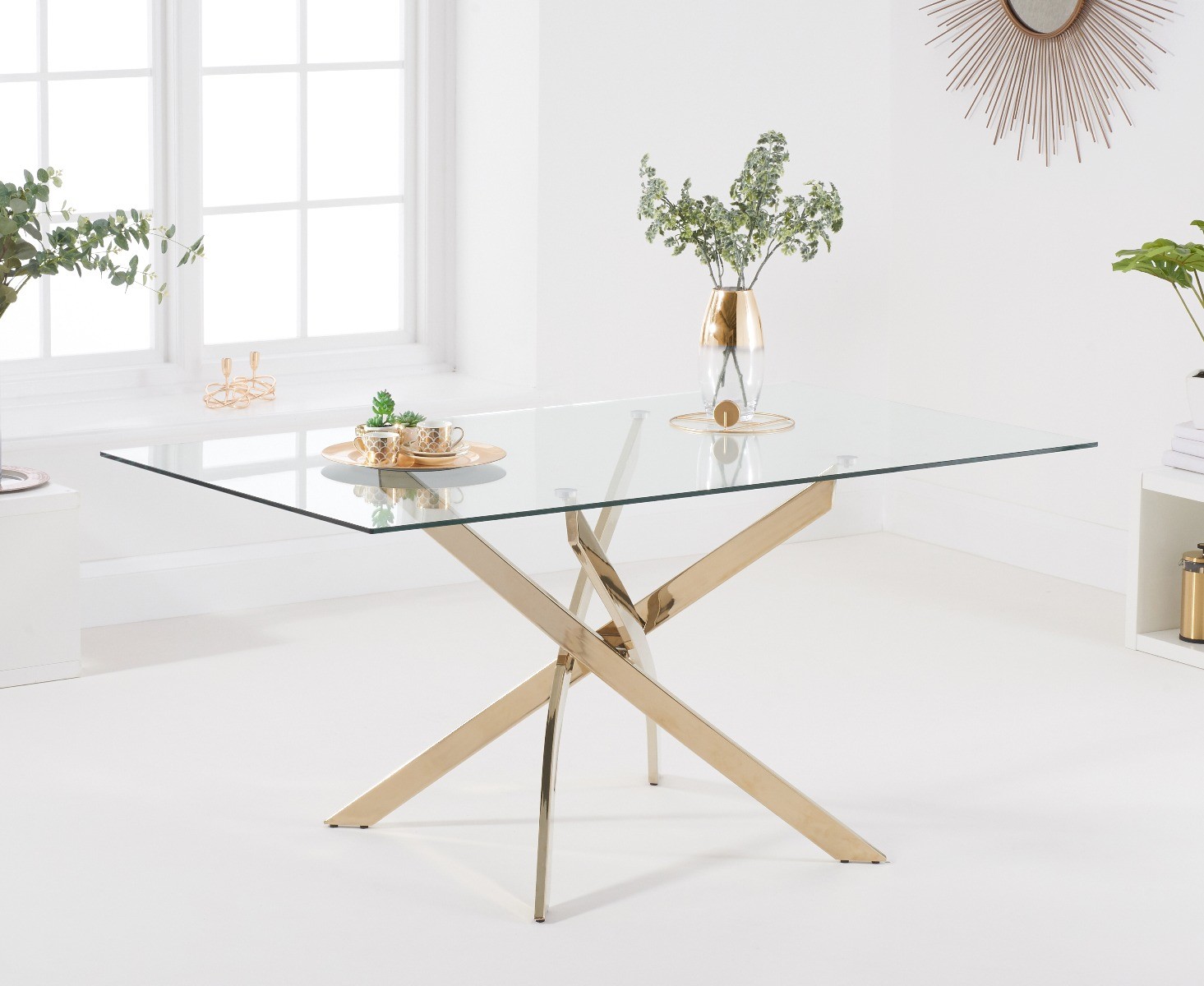 Product photograph of Denver 160cm Rectangular Glass Gold Leg Dining Table from Oak Furniture Superstore