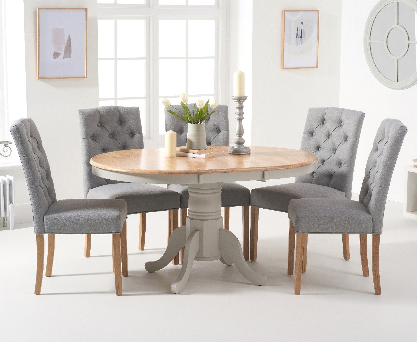 Epsom Oak And Grey Pedestal Extending Dining Table With Claudia Grey Fabric Dining Chairs Epsom Oak And Grey Pedestal Extending Dining Table With Claudia Grey Fabric Dining Chairs