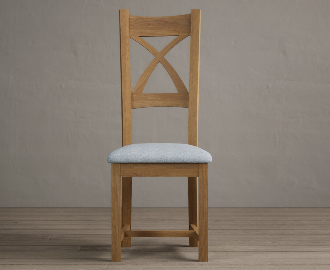 Natural Solid Oak X Back Dining Chairs With Sky Blue Fabric Seat Pad