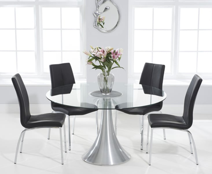 Product photograph of Paloma 135cm Round Glass Dining Table With 4 Black Marco Chairs from Oak Furniture Superstore