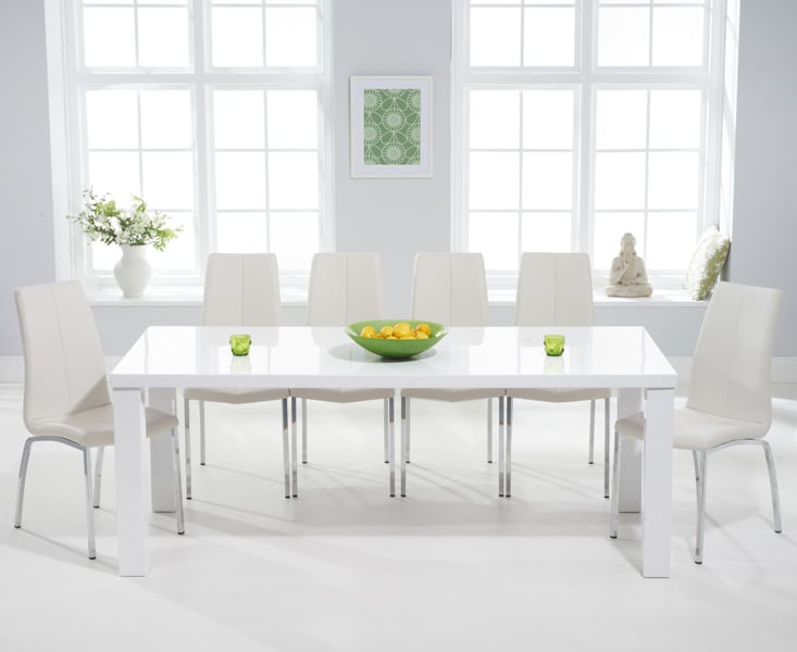 Product photograph of Seattle 200cm White High Gloss Dining Table With 10 Ivory White Marco Chairs from Oak Furniture Superstore