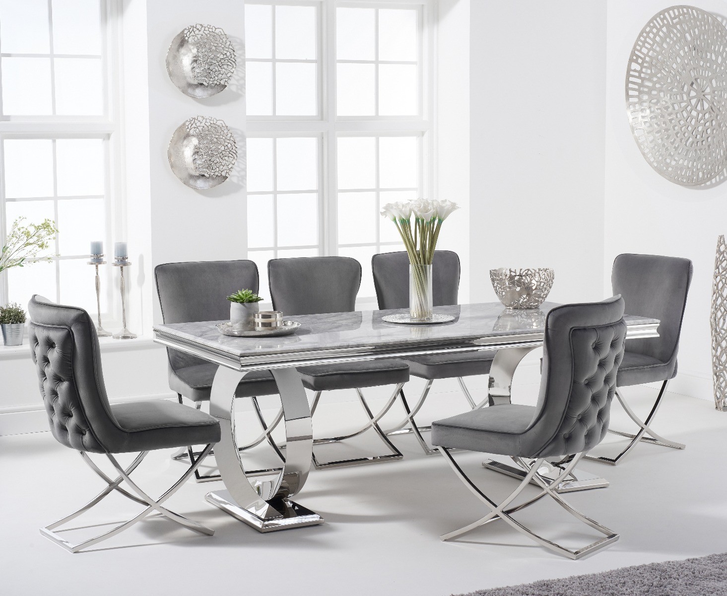 Product photograph of Fabio 200cm Marble Dining Table With 6 Grey Lorenzo Velvet Chairs from Oak Furniture Superstore