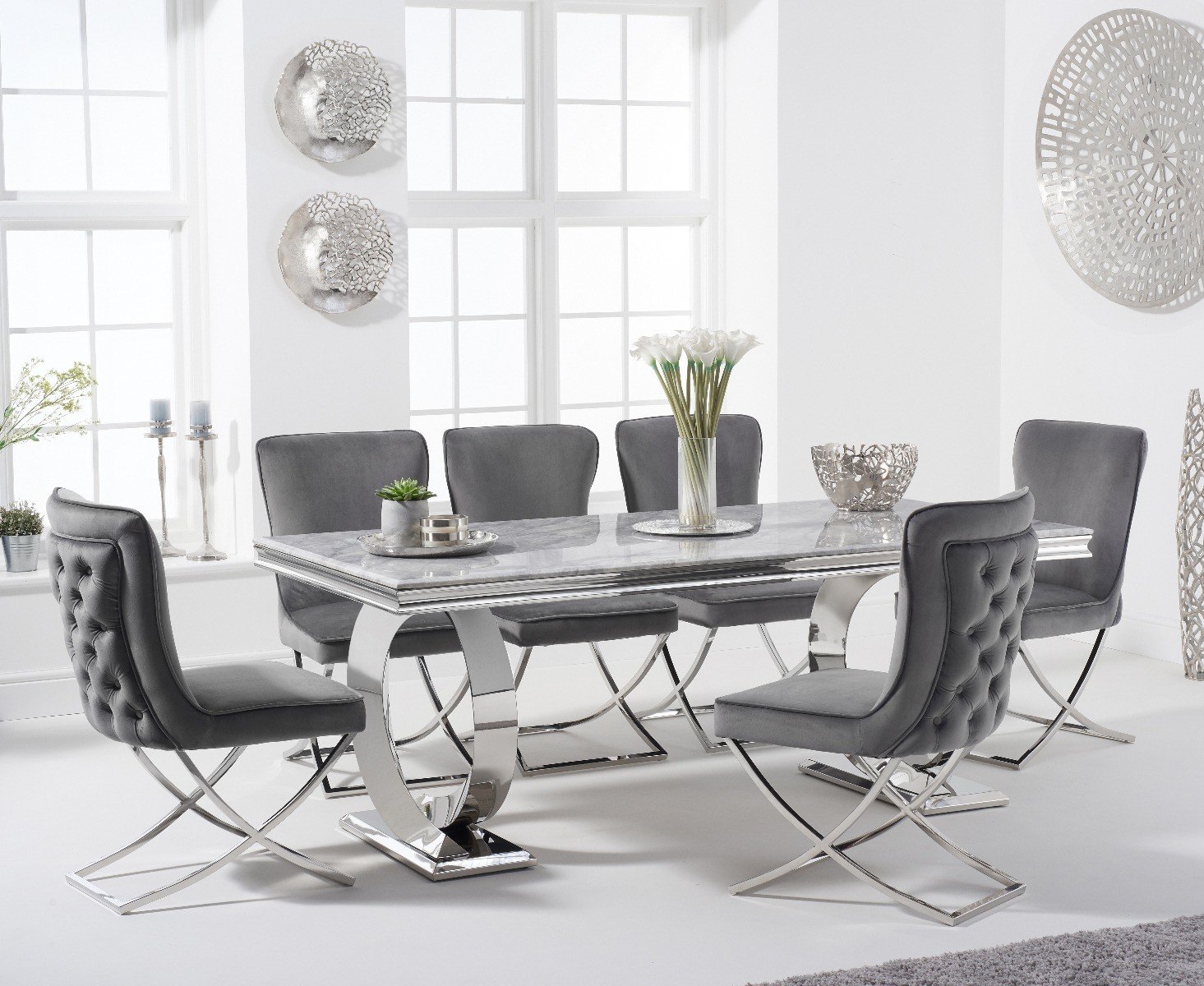 Fabio 200cm Marble Dining Table With 6 Grey Lorenzo Velvet Chairs