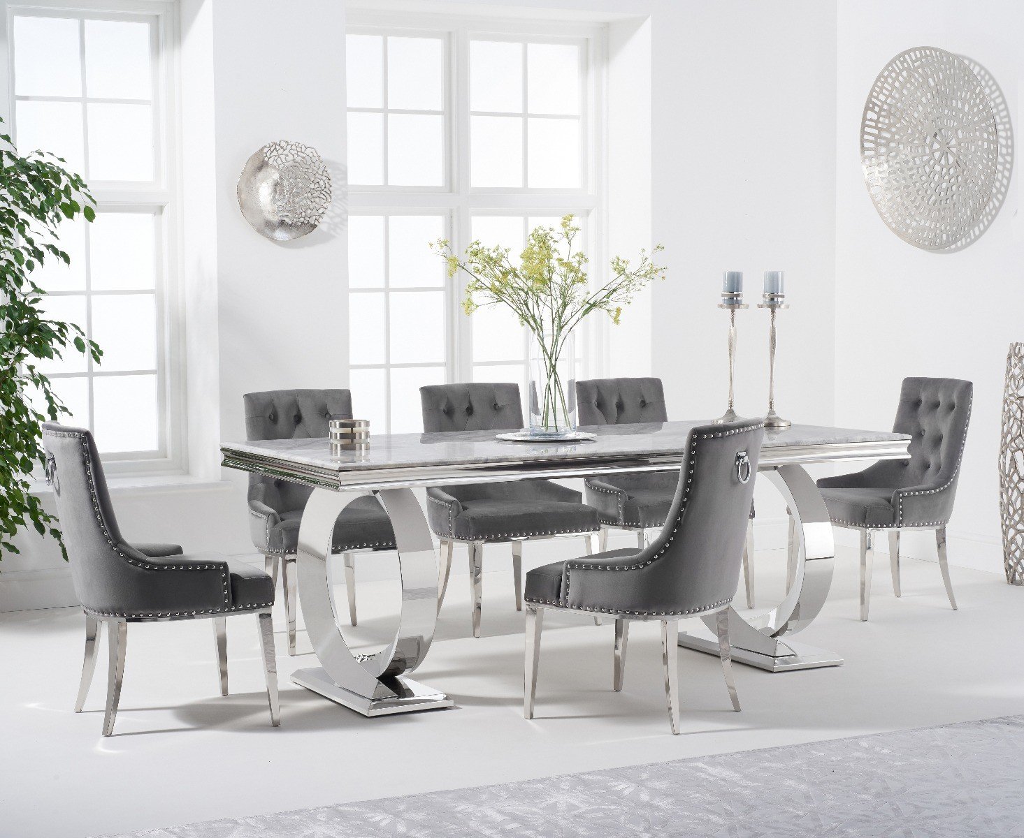 Fabio 200cm Marble Dining Table Sienna Velvet Chairs With 8 Grey
