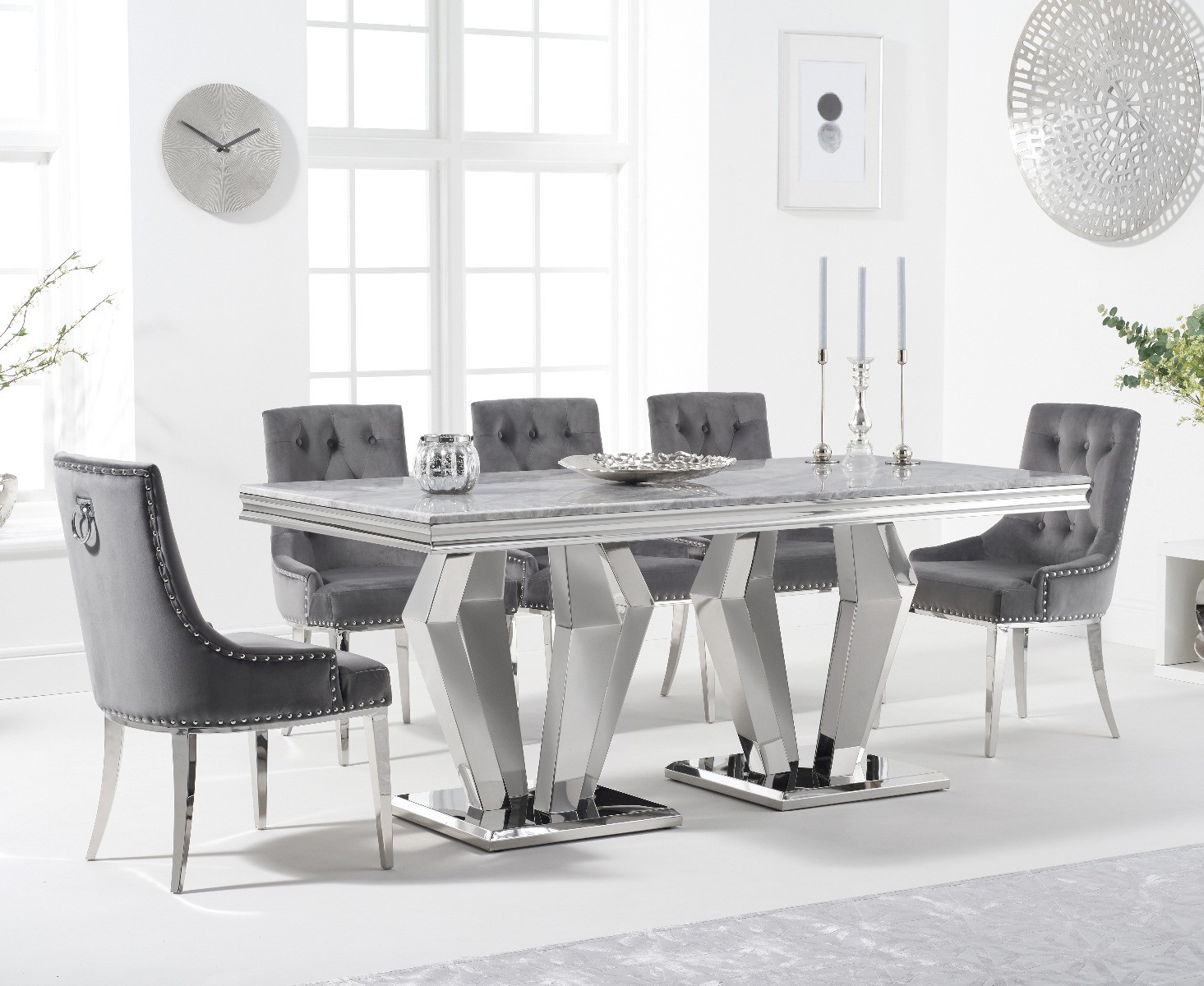 Product photograph of Viscount 180cm Marble Dining Table With 8 Grey Sienna Velvet Chairs from Oak Furniture Superstore