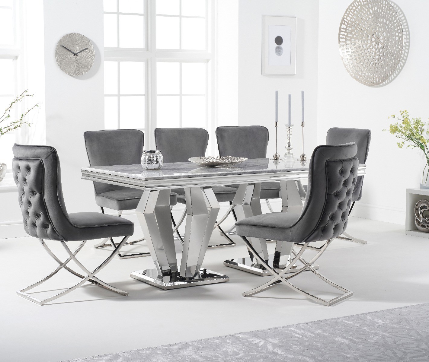 Product photograph of Viscount 180cm Marble Dining Table With 8 Grey Lorenzo Velvet Chairs from Oak Furniture Superstore