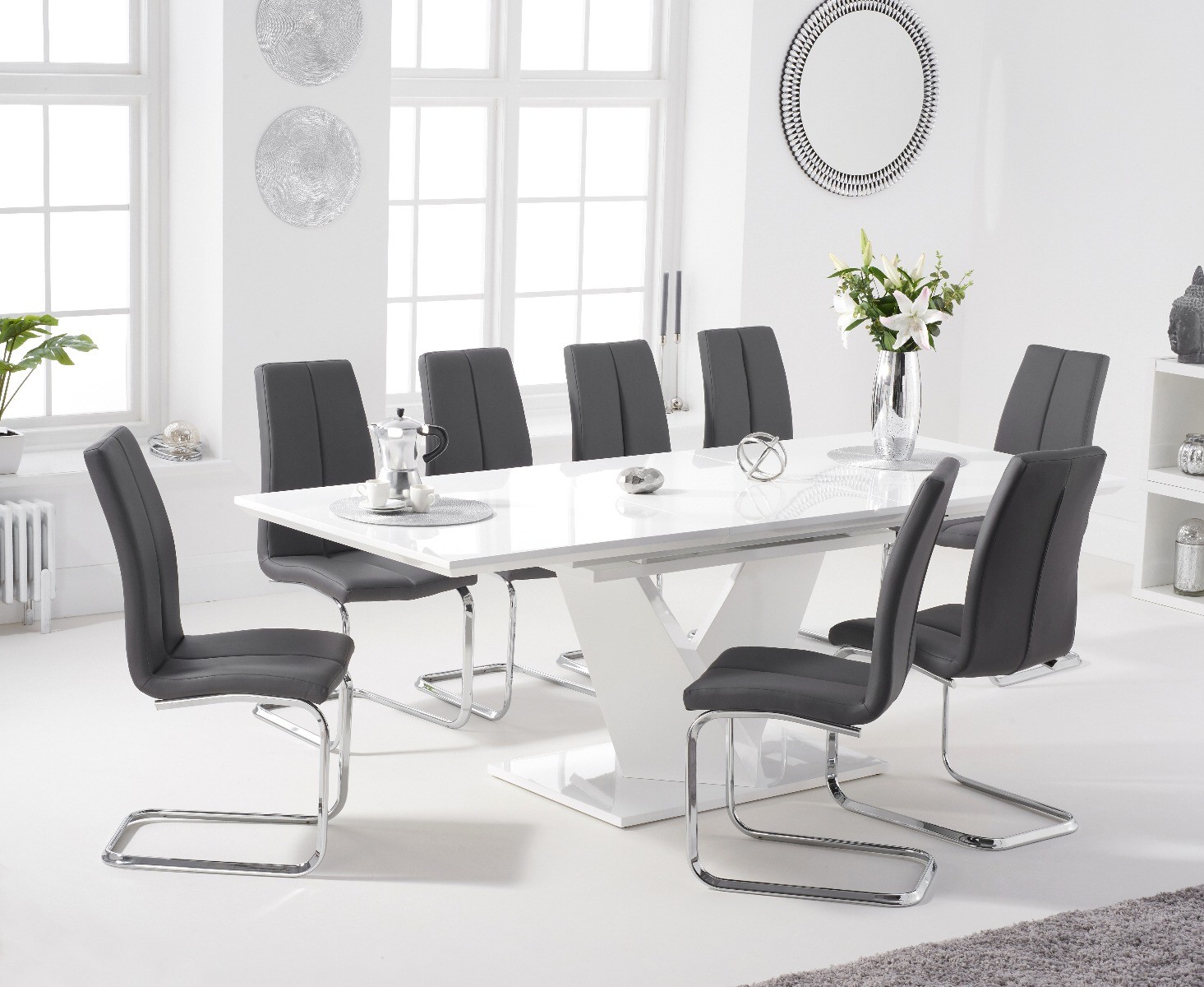 Product photograph of Extending Vittorio 160cm White High Gloss Dining Table With 10 Grey Gianni Faux Leather Chairs from Oak Furniture Superstore