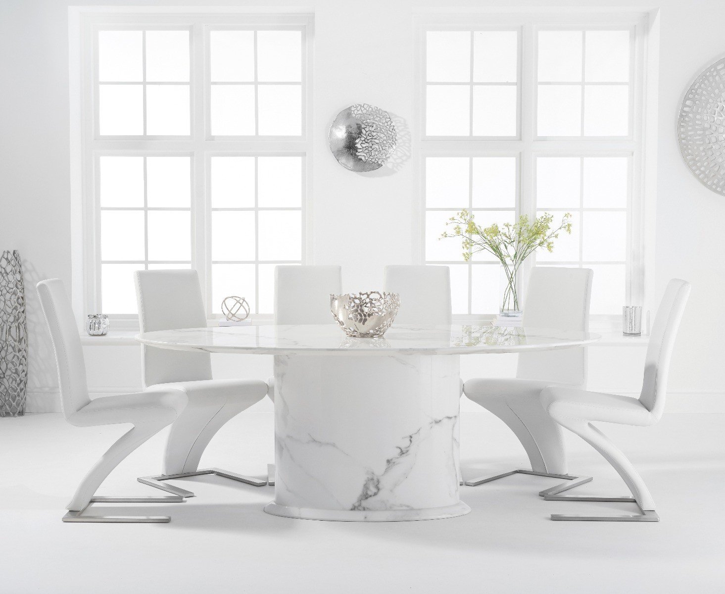 Product photograph of Colby 200cm Oval White Marble Dining Table With 6 White Aldo Chairs from Oak Furniture Superstore