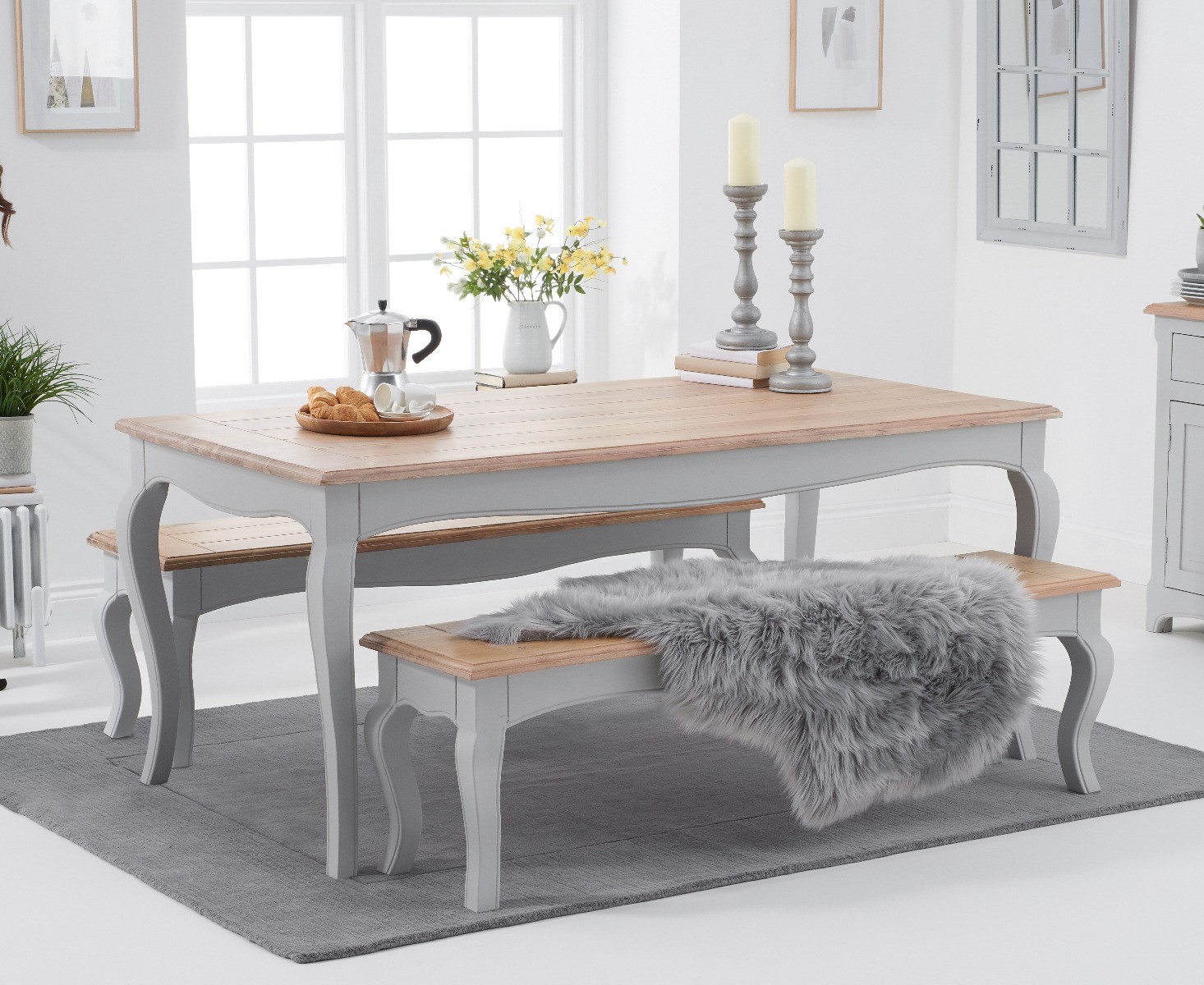 Parisian 175cm Grey Shabby Chic Dining Table With Benches