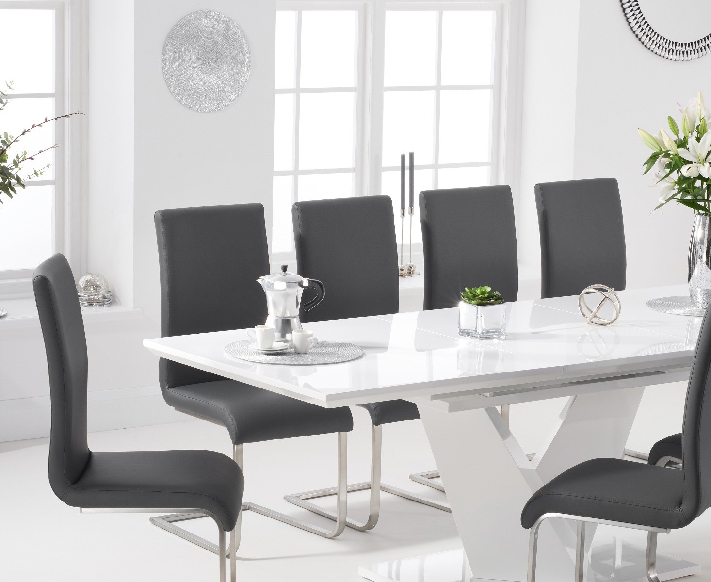 Photo 1 of Vittorio 160cm white high gloss extending dining table with 6 grey austin faux leather chairs